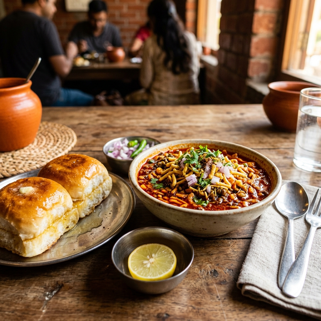 Kolhapur Misal Pav served with buttered buns, lemon wedges, and chopped raw onion.
