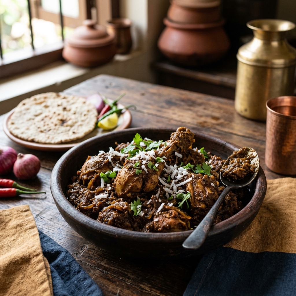 Our coastal Chicken Sukka garnish, roasted in brown grated coconut and spices.